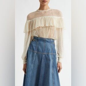 NWT $690 Ulla Johnson Anelise Ruffle Sheer Lace Top